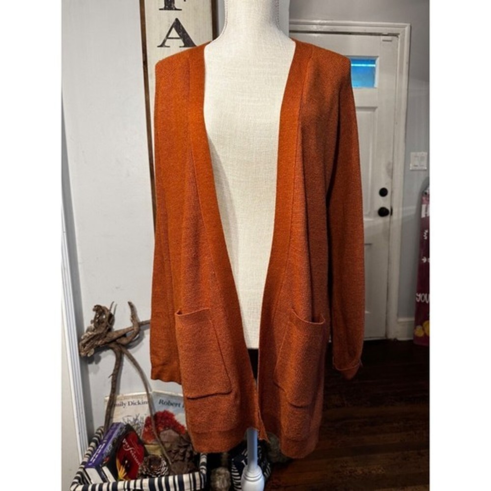 Cyrus Open Front Extra Long Pockets Cardigan Rust Brown Classic Knit medium